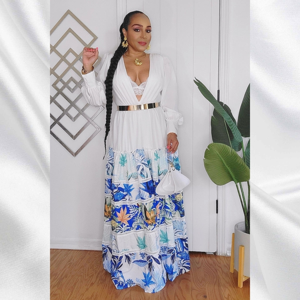Elegant White and Blue Floral Maxi Dress